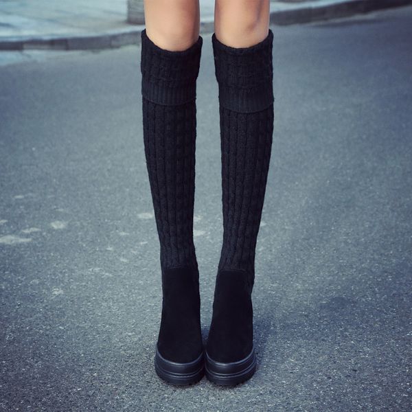 

19 autumn and winter new women's over the knee boots leather wool tube flat bottom increase set foot round head warm knee boots, Black