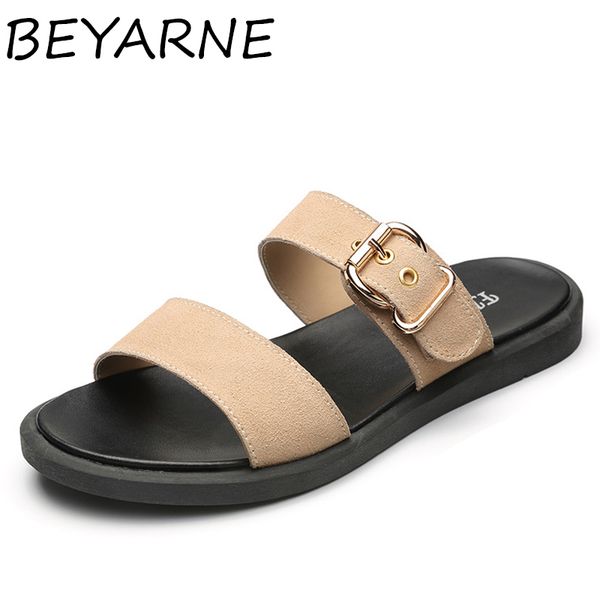 

beyarnesandals for women in genuine cow leather flat shoes women without lace summer woman slides leisure beach flip flops rihan, Black