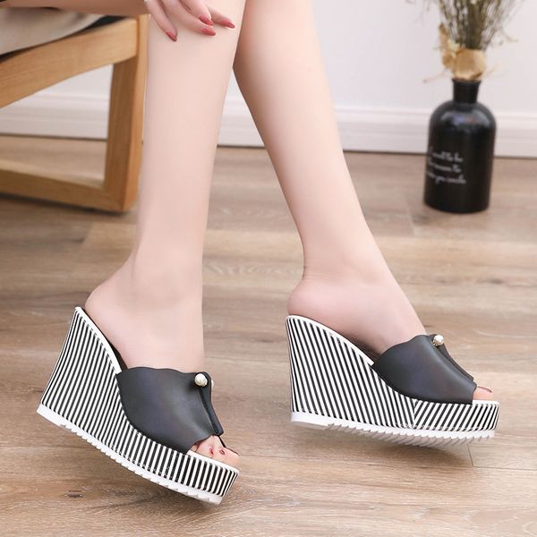 

women sandals summer fashion wedge sandals classic open toe fish head fashion platform high heels women shoes, Black
