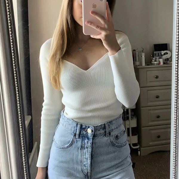 

foridol v neck knitted pullovers women long sleeve slim vintage autumn winter basic casual ribbed sweater 2020, White;black