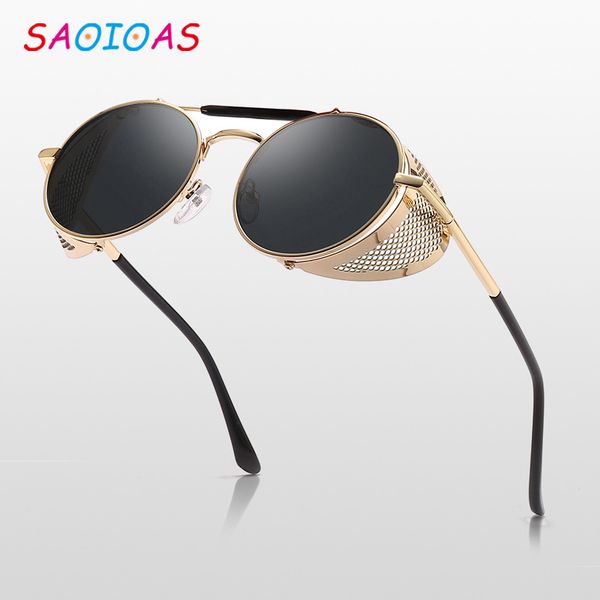 

saoioas retro round metal sunglasses steampunk men women brand designer glasses shades uv protection with case, White;black