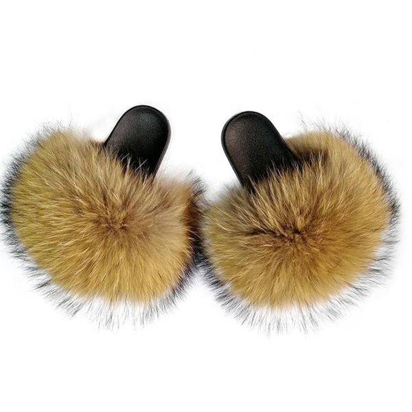 

женщины summer casual fur тапочки плоский твердая real волос слайды большой размер тапочки пушистый енот сандалии fur вьетнамки, Black