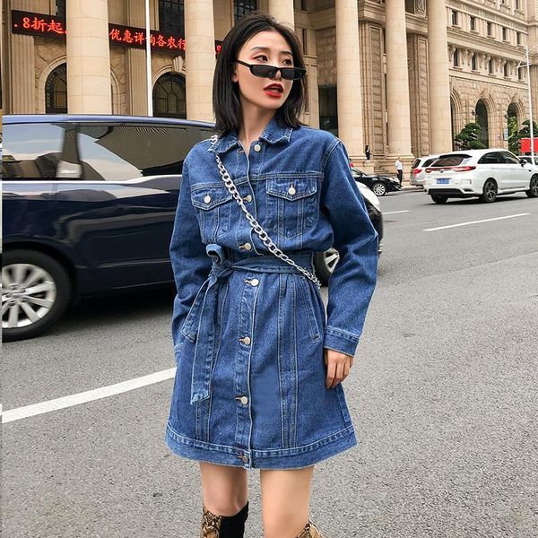 

hong kong-style long-sleeved midi jeans coat women's loose shirt jacket style waist hugging high waist denim skirt short skirt, Black;brown