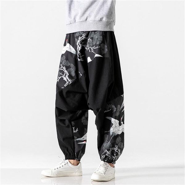 

chinese styles harem pants loose street hiphop mens long pants designer crane printed mens pants fashion, Black