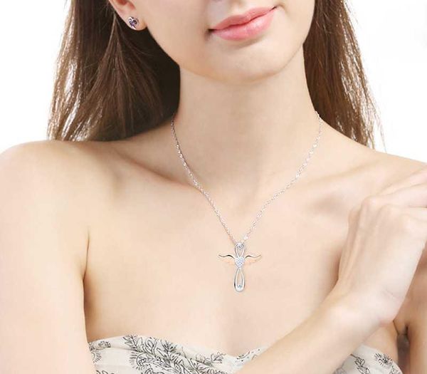 

925 sterling silver angel cross pendant chain necklace with CZ&rose gold color wing diy fashion jewelry making for womenh