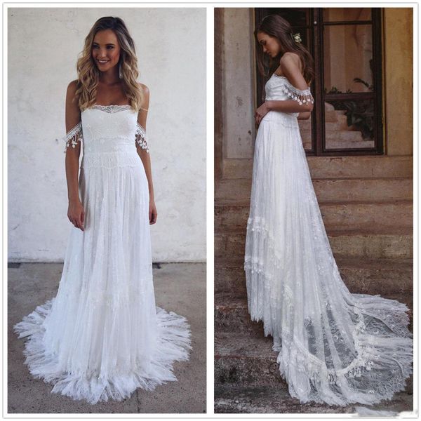 

2020 bohemian summer beach wedding dresses off the shoulder lace boho bridal gowns vintage french vestido de noiva wedding dress, White