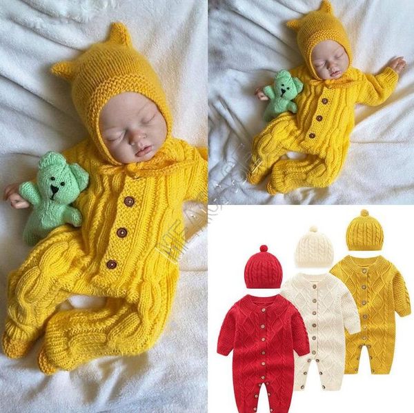 

kids clothes baby romper one-piece long sleeve sweater hat button sweater two pieces set autumn winter children clothing set d82407, White
