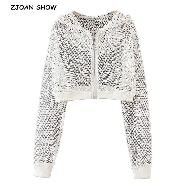 

2020 summer hollow out hole mesh white short jacket retro women long drop sleeve rib hem high waist jackets casual, Black;brown