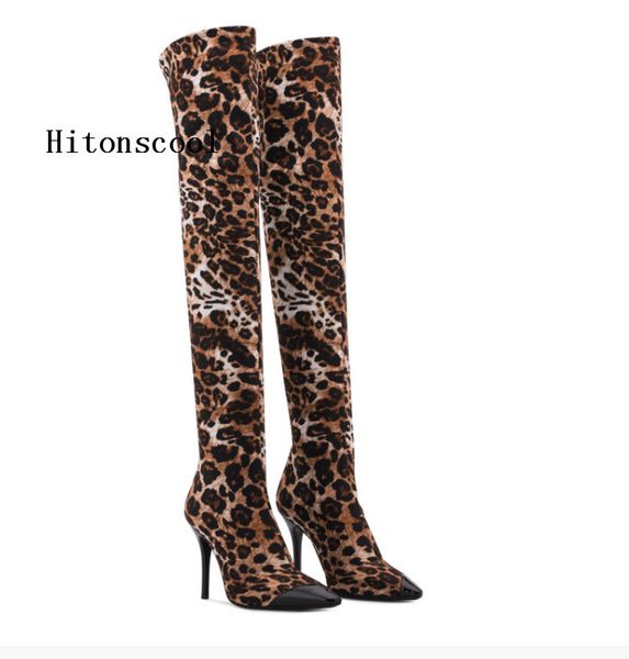 

2020 new autumn winter high heels boots woman over the knee flock leopard evening party pointed toe patchwork boots, Black