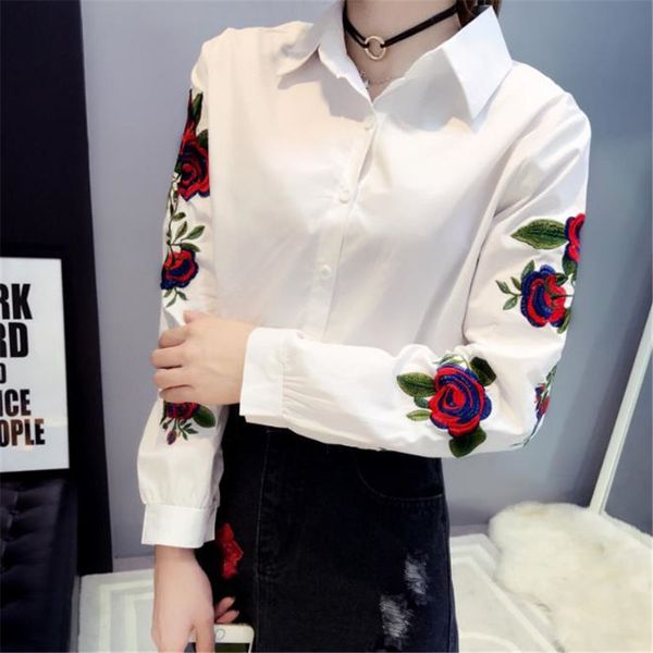 

rose womens shirts embroidery lapel neck long sleeve loose blouses casual single breasted striped woman shirts, White