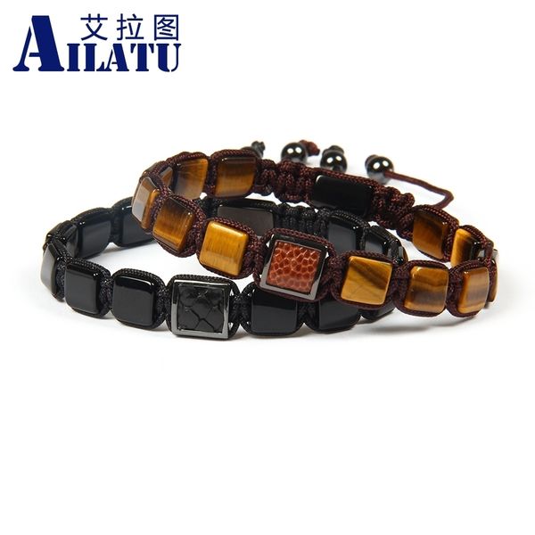 

ailatu men's bracelet natural tiger eye & black onyx sqaure stone beads stingray genuine leather macrame bracelets, Golden;silver
