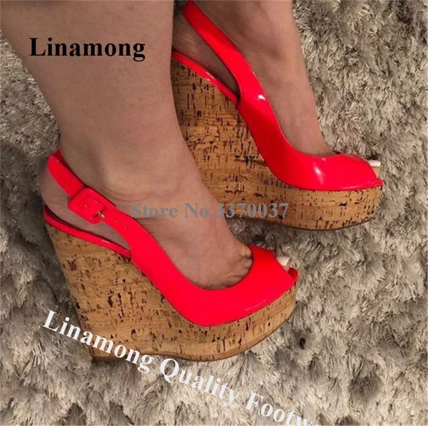 

linamong western fashion peep toe high platform wedge sandals red grey pink patent leather wedges height increased dress shoes, Black