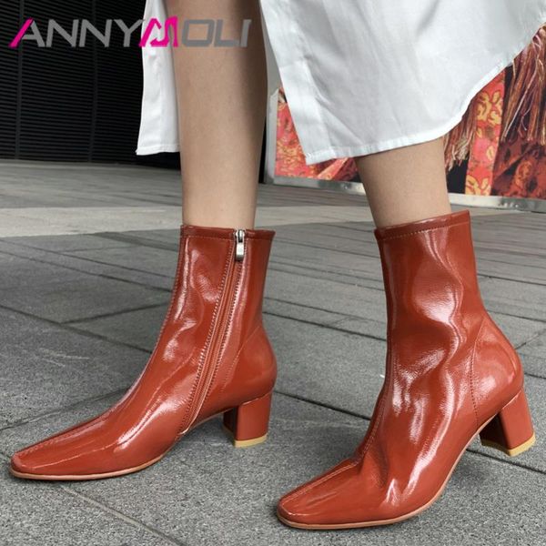 

annymoli short boots women shoes square toe high heel mid-calf boots zipper block heels ladies autumn black white size 43
