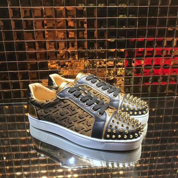 

men women red bottom sneakers golden snake genuine leather high studded spikes flats shoes fashion casual shoes, Black