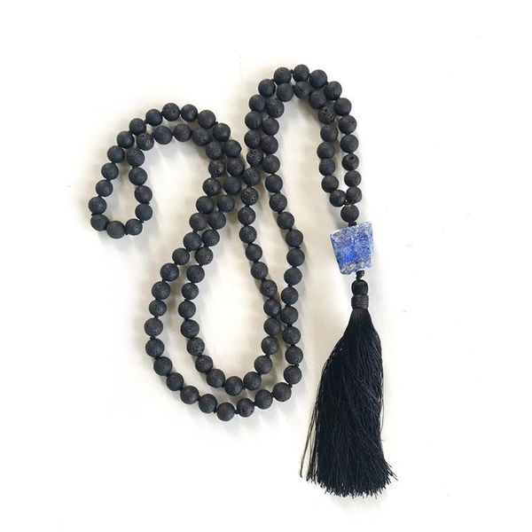 

chains black tassel necklaces mala jewelry 8mm lava stone knotted necklace with rawlapis pendant mens 108 beads, Silver