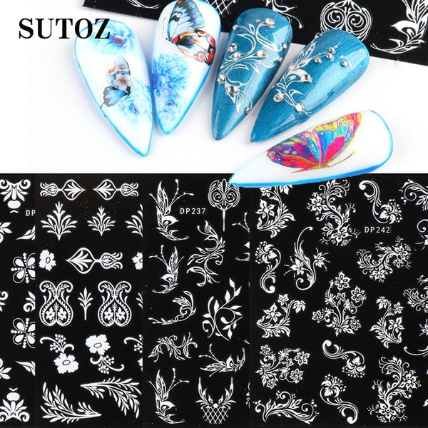 

new 1pcs 5d white flower nail stickers lace transfer decals summer leaf adhesive sliders wraps tips nail art decoration trdp237-248, Black