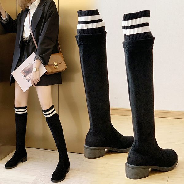 

thick heels winter over the knee boots with stripe sock suede leather thigh high botines mujer long slim knight booties s542, Black