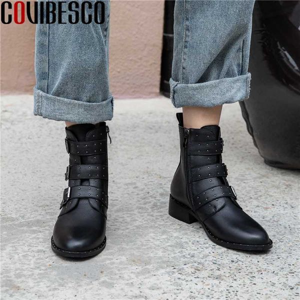 

covibesco casual motorcycle boots women rivets ankle boots autumn winter low heels shoes woman buckle genuine leather zip, Black
