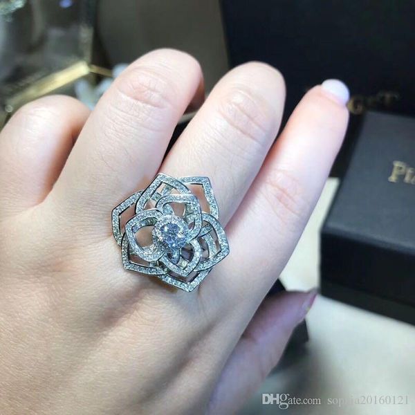 

luxury famous classic s925 sterling silver full crystal hollow rose flower big wedding ring for women jewelry