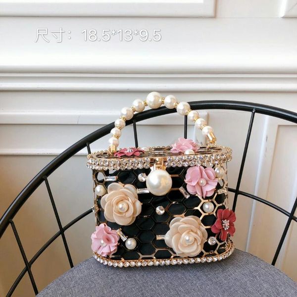 

women fashion birdcage style handbag hollow out metal frame pearl string handle flower diamond studded shining cluch purse