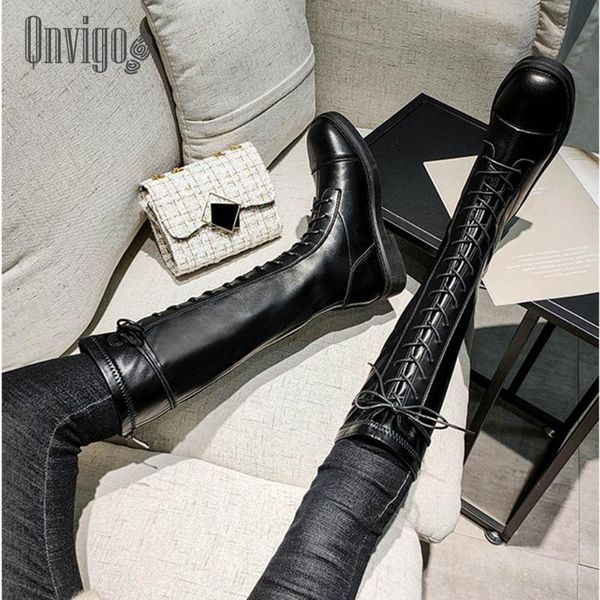 

boots qnvigo western thigh high lace up cowboy jean knee gothic 32-43 size zipper fur girls women 2021, Black