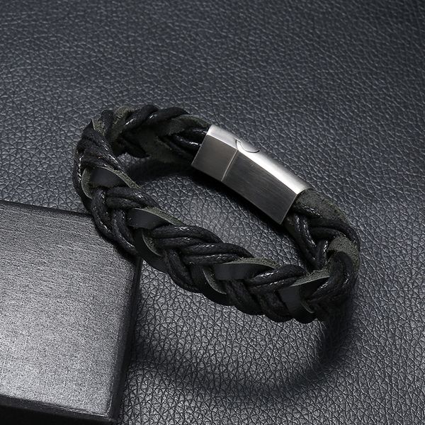 

men braid genuine leather wrap wristband cuff magnetic clasp bracelet stainless steel buckle clasp bracelet jewelry, Golden;silver