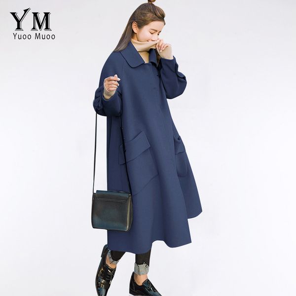 

yuoomuoo good quality thick long winter women coat 2020 casual loose pockets design wool coat female elegant blue woolen jacket, Black