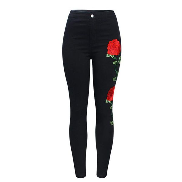 

skinny high waist black embroidery jeans without ripped woman fashion floral denim pants trousers for women, Blue