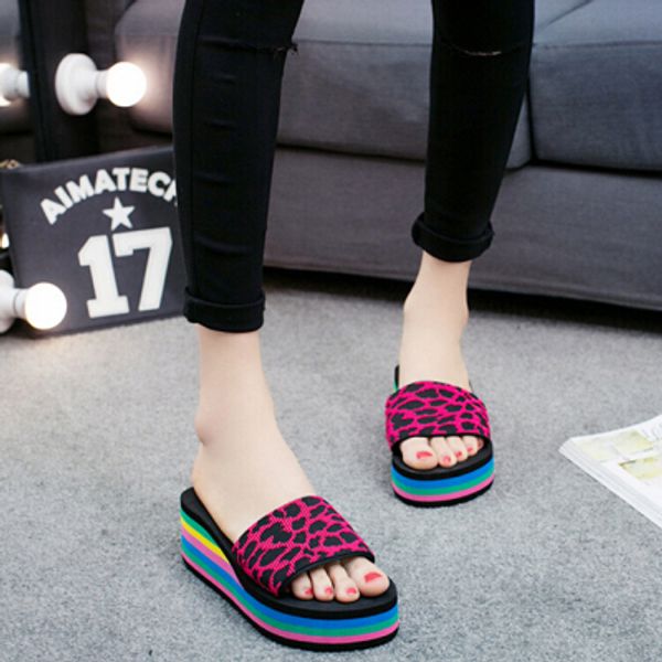 

women sandals slippers new summer fashion rainbow slides sandals home shoes wedge heels beach 8 style, Black