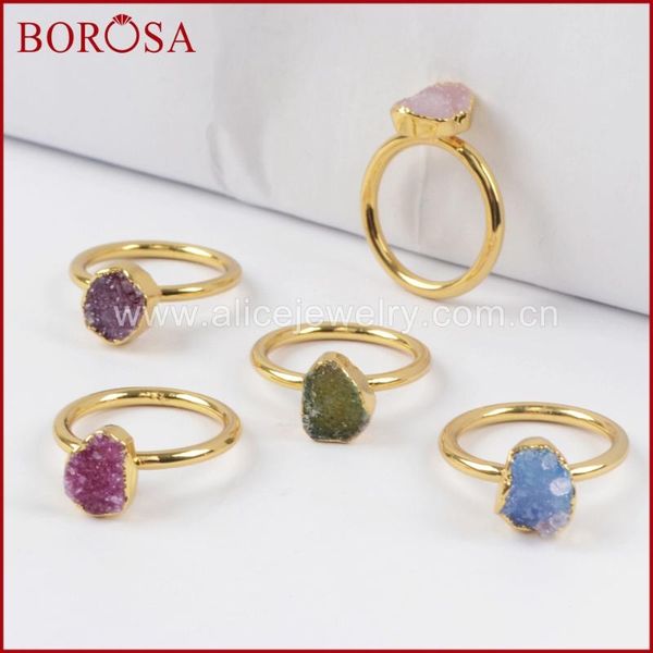 

cluster rings borosa 10pcs mixed colors gold color orm rainbow druzy for women, fashion drusy gems jewelry party g1450, Golden;silver