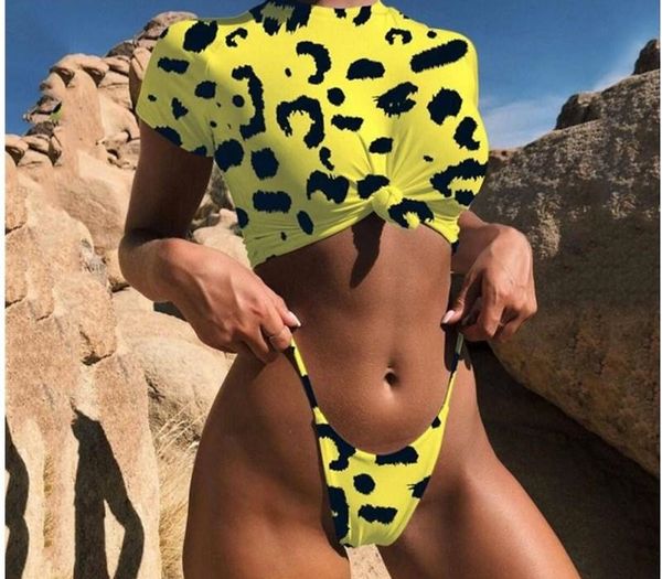 

leopard knot crop bikini 2020 leopard snake skin swimwear women bathers yellow brazilian swimsuit t shirt thong bikini monokini, White;black