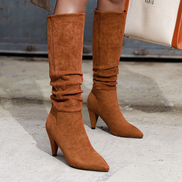 

aiweiyi woman knee high boots pointed toe spike heel high heels woman shoes fur warm winter thigh boots riding shoes, Black