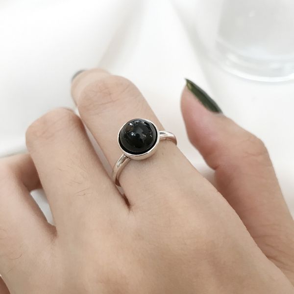 

925 sterling silver black agate gemstone signet ring natural stones semi-precious cabochons silver stacking ring for mum , wife, Golden;silver