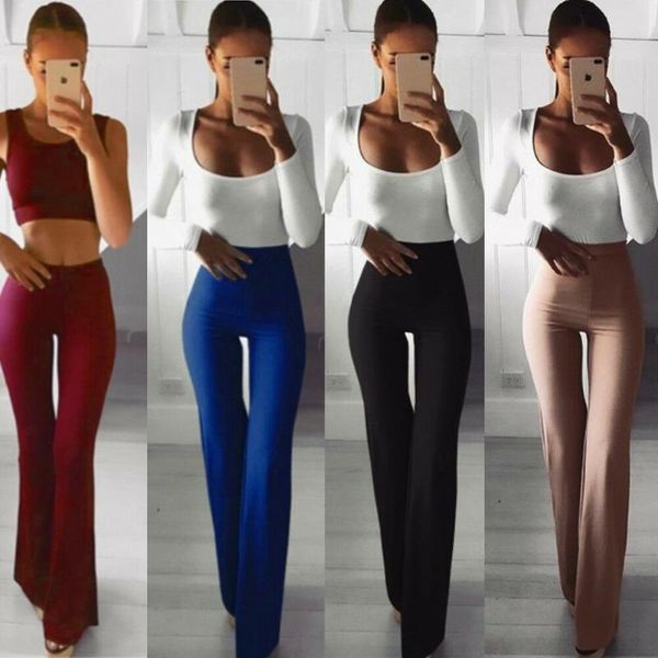 

2020 women long pants solid color high waist wide leg flared trousers ladies party long pant femme trouser, White;red
