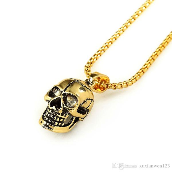 

fashion jewelry hip hop gold vacuum plating skull pendant necklace wholesale trendy hip hop 75cm long chain for men women, Silver