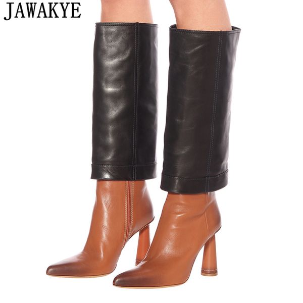 

genuine leather patchwork knee high boots women pointed toe high heel long boots fashion week fold two wearing booties feminina, Black