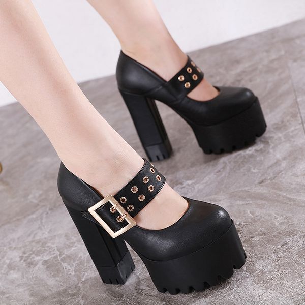 

women's shoes the new summer style of 2020, chunky and single shoes, high-heel and all-match british style summer shoes, Black