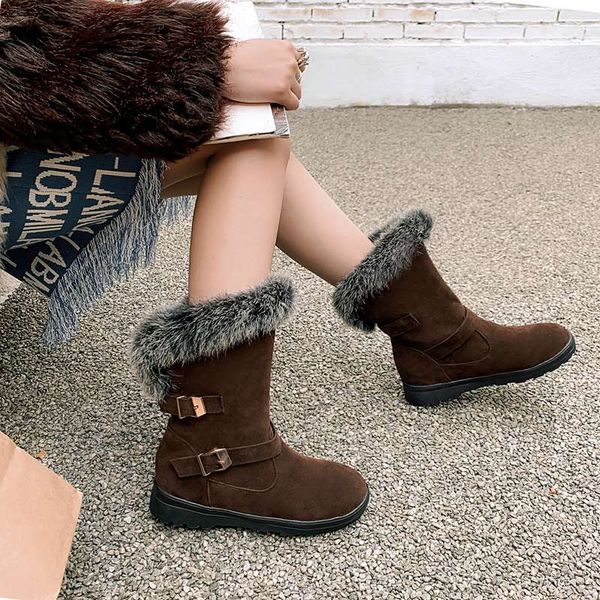 

boots mnixuan comfortable winter women shoes warm fur snow 2021 round toe flat platform mid-calf black short