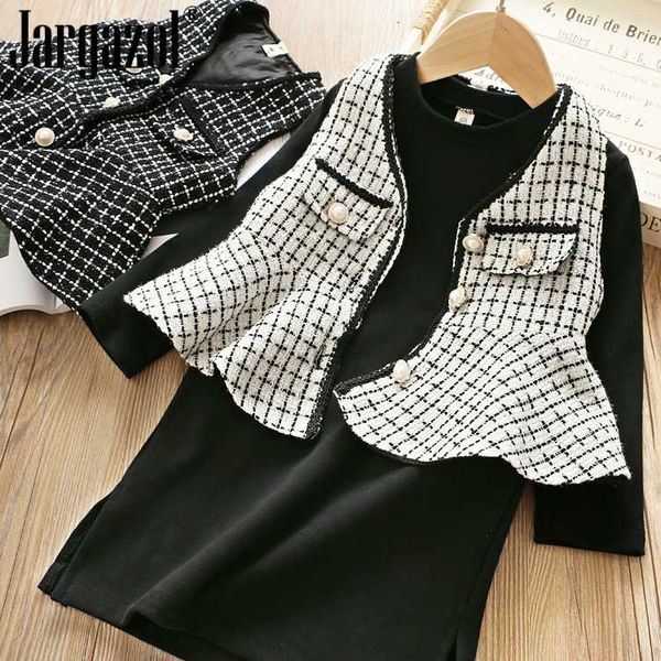 

2020 new fashion kids girl clothes set plaid waistcoat and long sleeve dress 2 pcs clothing sets children sets high fashion set, White