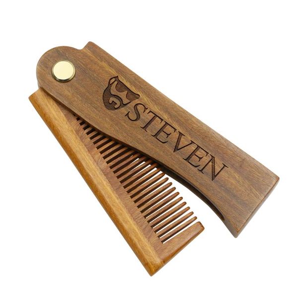 

custom engraved natural green sandalwood fold hair comb for men beard care anti-static wooden comb hair care tools brush, Black;blue