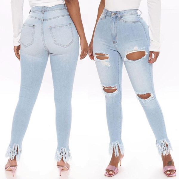 

casual high waist natural color jeans womens clothes womens lightweight jeans fashion washed hole jeans with tassel, Blue