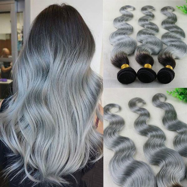 

ombre silver grey body wave hair weaves brazilian human hair extensions remy hair bundles 100gram per piece, Black