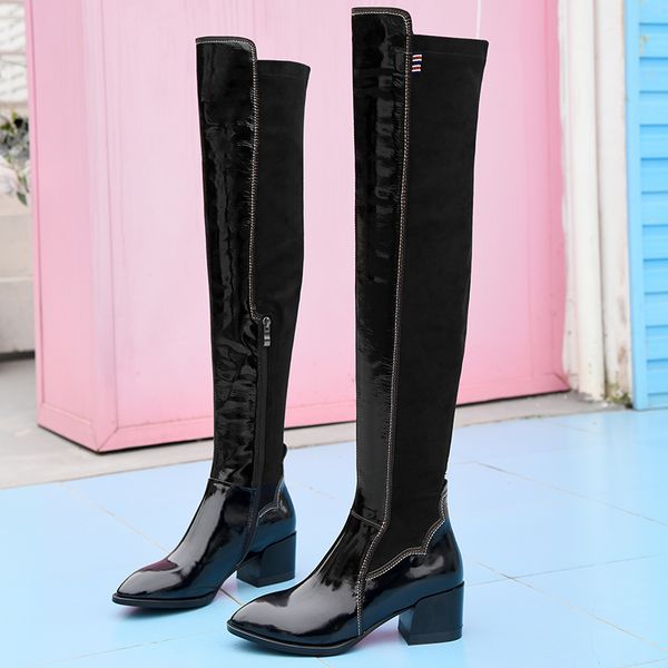 

genuine leather over the knee boots party shoes woman high heels spring autumn punk pointed toe square heels women, Black