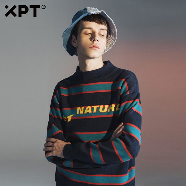 

xpt spring and autumn thick contrast striped trendy embroidery round neck loose men's sweater q1113, White;black