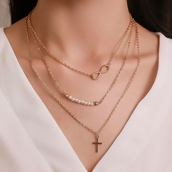 

pendant necklaces jewelry three layers item decoration trend 8 word pearl multilayer necklace cross collarbone chain choker, Silver