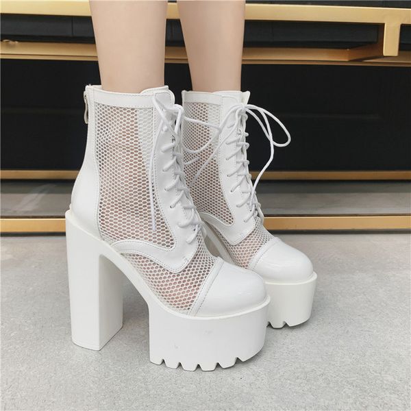 

platform boots woman shoes summer white black mesh round toe chunky high heels sandal ankle boots women lace up shoes