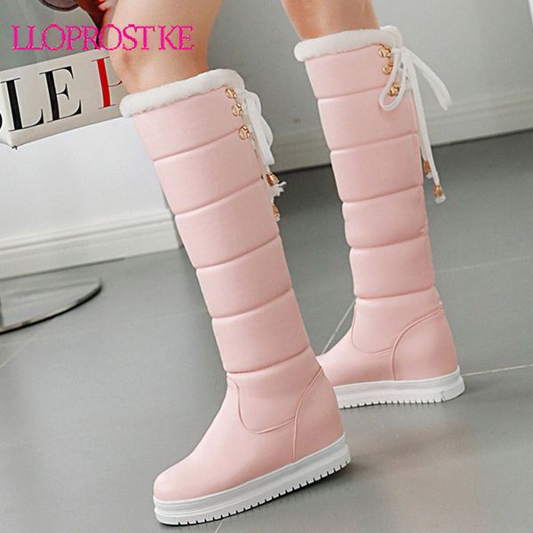 

boots lloprost ke 2021 fashion winter snow women white wedge heel faux fur design sewing plaid knight long female shoes, Black