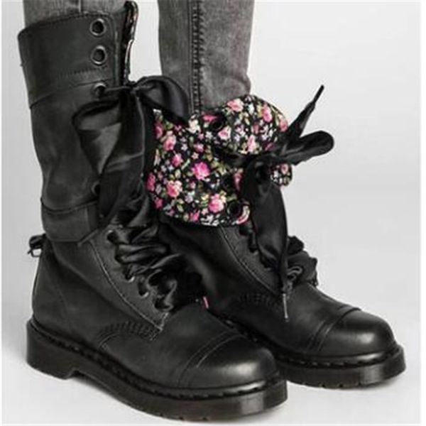 

women boots pu autumn round toe ladies retro lace up buck female boots mujer floral shoes winter booties plus size, Black