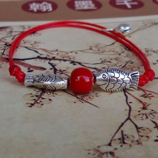 

handmade red rope woven bracelet simple vintage ethnic style alloy pisces ceramic beaded jewelry girl women's accessories, Golden;silver