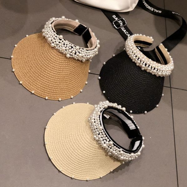 

pearls straw sun hat female fashion new korean style handmade empty adjustable pure color sunscreen sun hat, Blue;gray